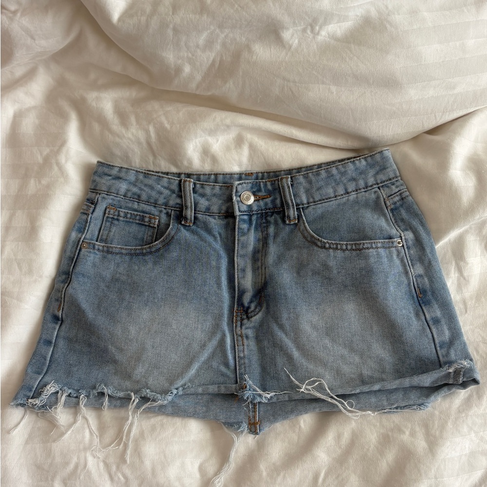 Light Blue Denim raw hem mini skirt